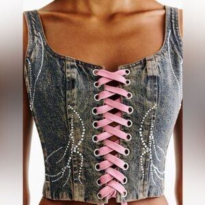 H2 Heron Preston H&M Denim Corset Top with Pink Lace-Up